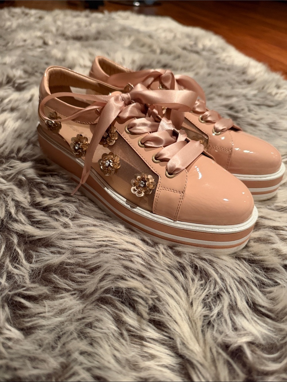 Django & Juliette Serenoy Blush Platform Sneakers with Floral Embellishments